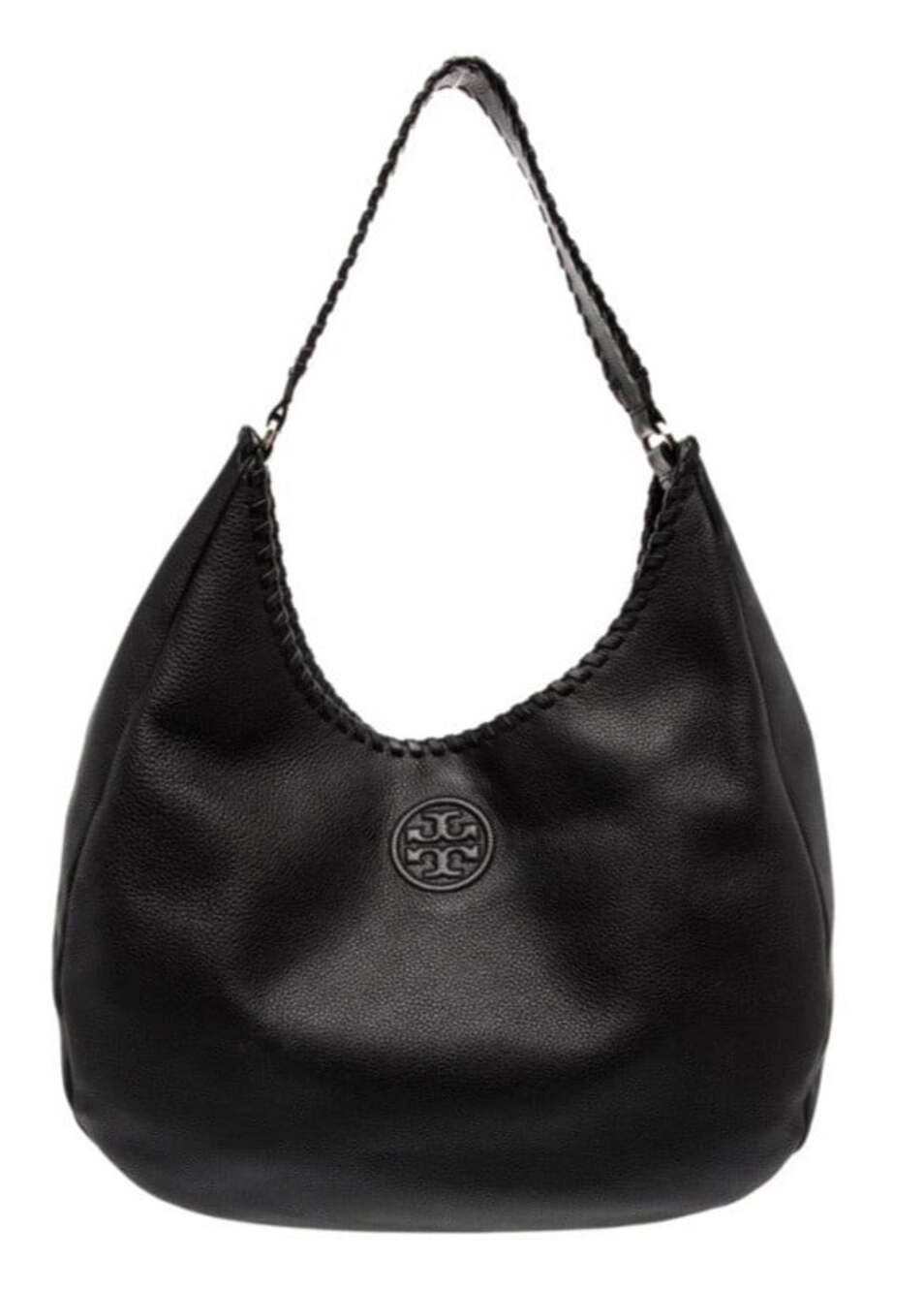 Tory Burch Marion Hobo Bag Whipstitch Trim Dust Bag Black Pebbled Leather Magnet